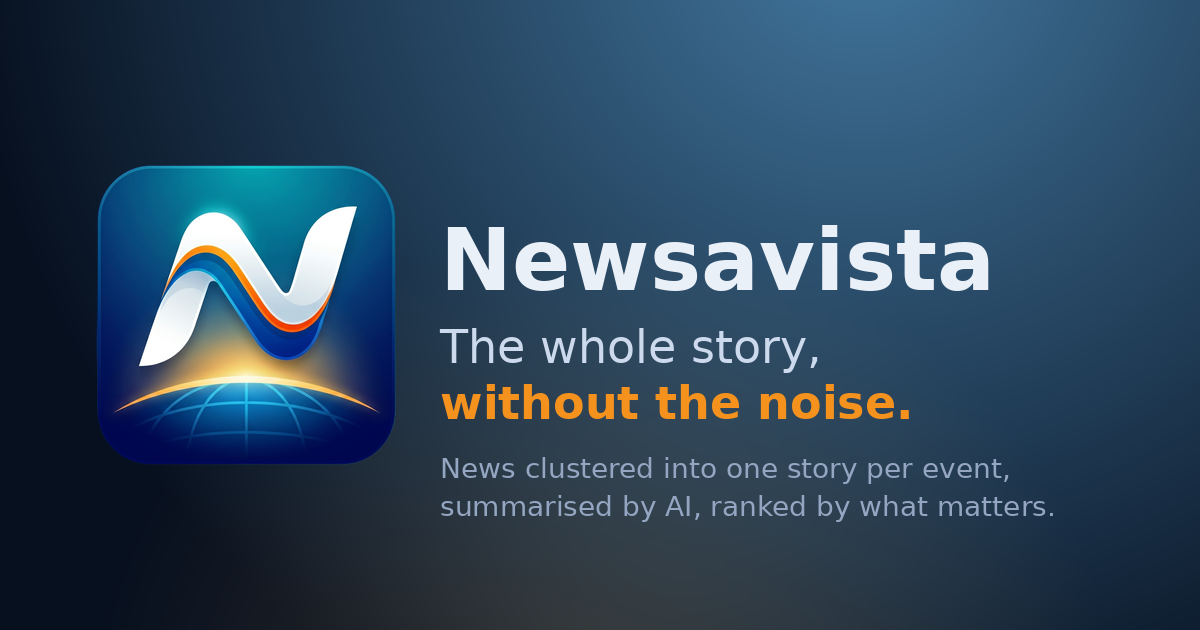 The Newsavista feed: a tiered grid of ranked, de-duplicated news stories